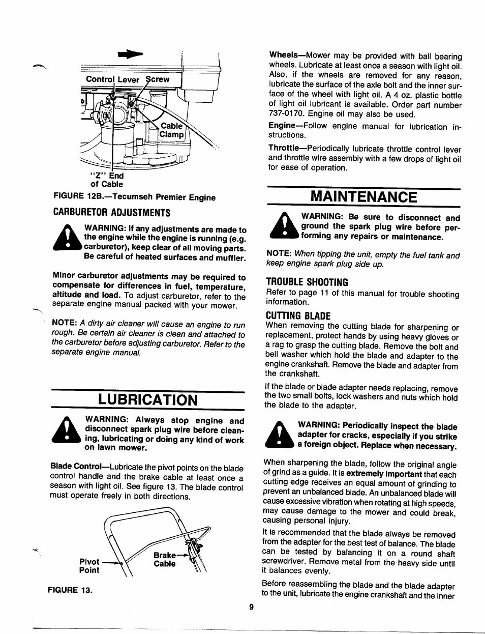 Carburetor adjustments, Lubrication, Maintenance | Trouble shooting, Cutting blade | MTD 11-096R000 User Manual | Page 9 / 16