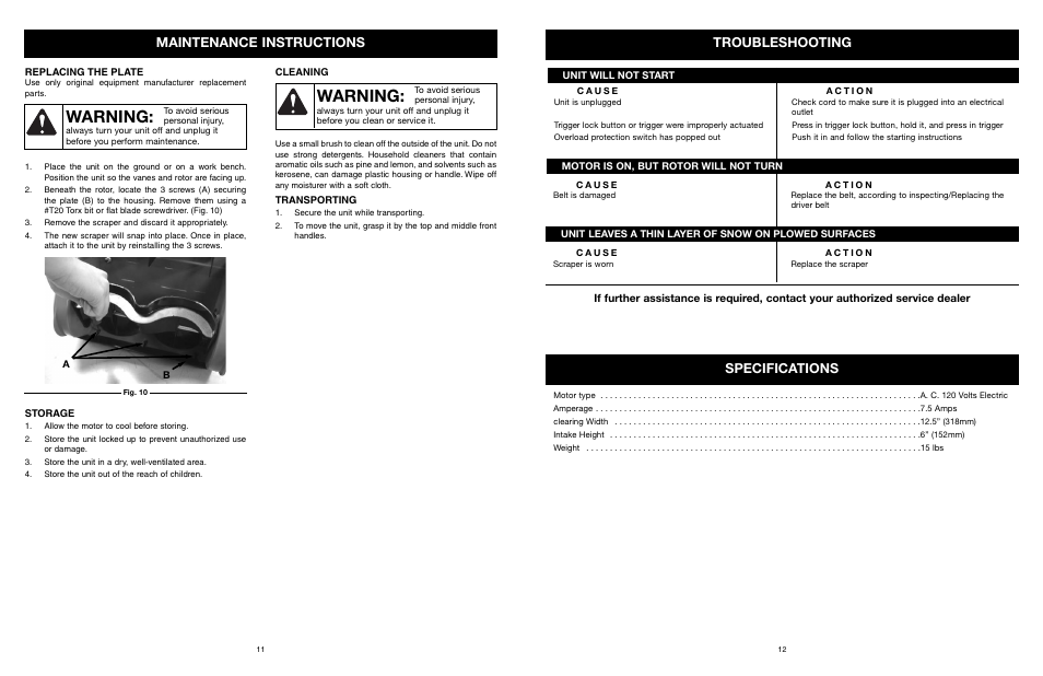 Warning, Troubleshooting, Specifications | Maintenance instructions | MTD 31A-020-900 User Manual | Page 12 / 50