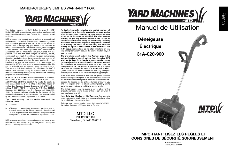 Manuel de utilisation, French, Mtd llc | Manufacturer’s limited warranty for | MTD 31A-020-900 User Manual | Page 16 / 50