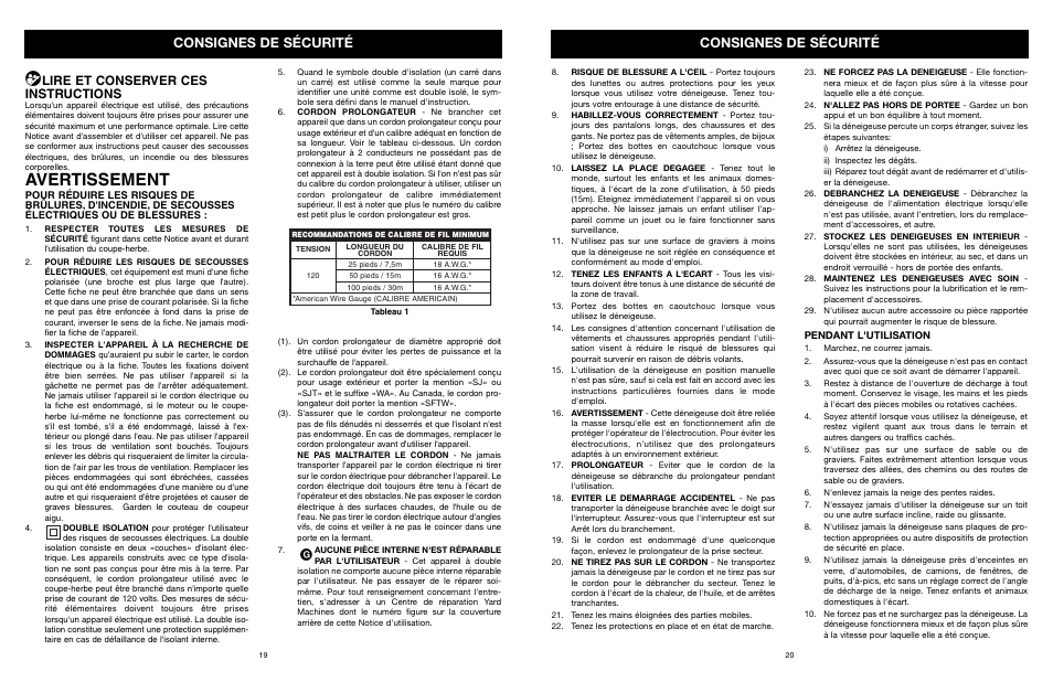 Avertissement, Consignes de sécurité, Lire et conserver ces instructions | MTD 31A-020-900 User Manual | Page 21 / 50