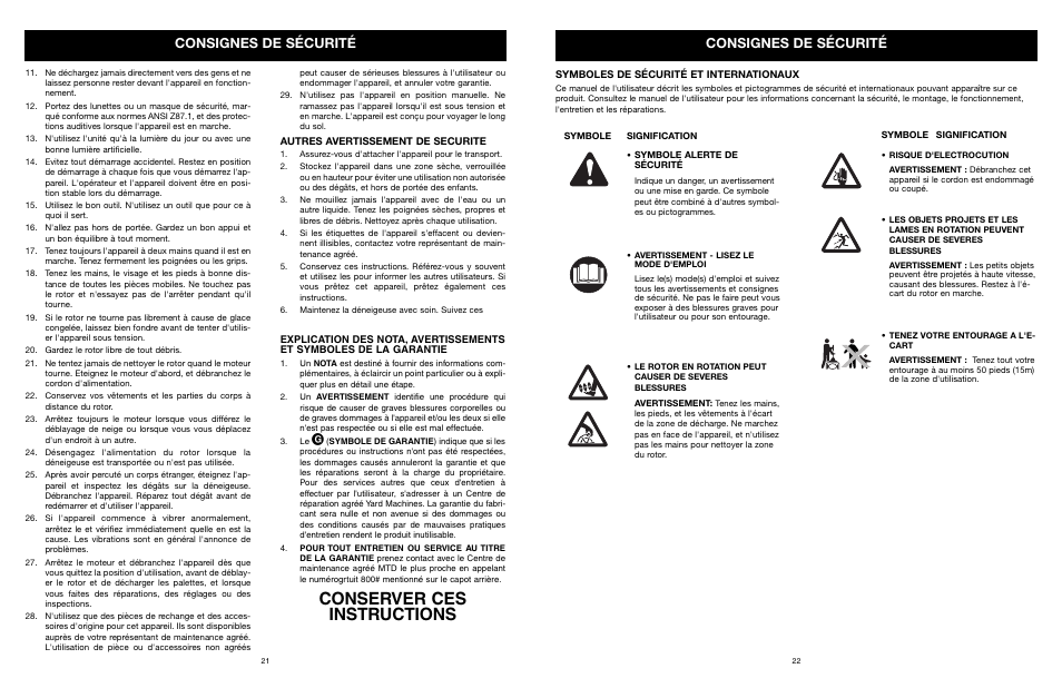 Conserver ces instructions, Consignes de sécurité | MTD 31A-020-900 User Manual | Page 22 / 50