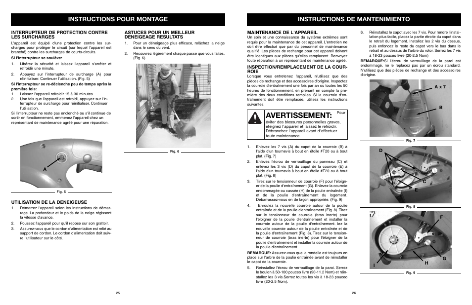 Avertissement, Instructions de mantenimiento, Instructions pour montage | MTD 31A-020-900 User Manual | Page 27 / 50