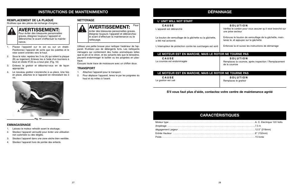 Avertissement, Dépannage, Caractéristiques | Instructions de mantenimiento | MTD 31A-020-900 User Manual | Page 28 / 50