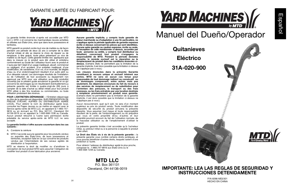 Manuel del dueño/operador, Español, Mtd llc | Garantie limitée du fabricant pour | MTD 31A-020-900 User Manual | Page 33 / 50