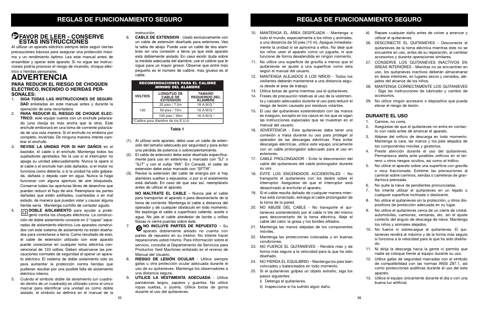 Advertencia, Reglas de funcionamiento seguro, Favor de leer - conserve estas instrucciones | MTD 31A-020-900 User Manual | Page 37 / 50