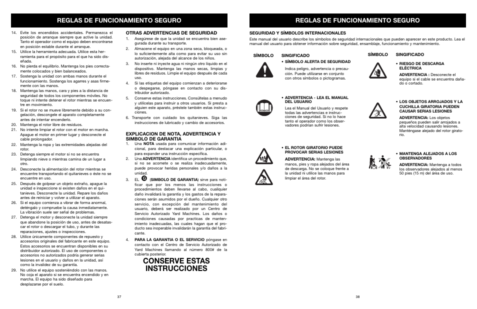 Conserve estas instrucciones, Reglas de funcionamiento seguro | MTD 31A-020-900 User Manual | Page 38 / 50