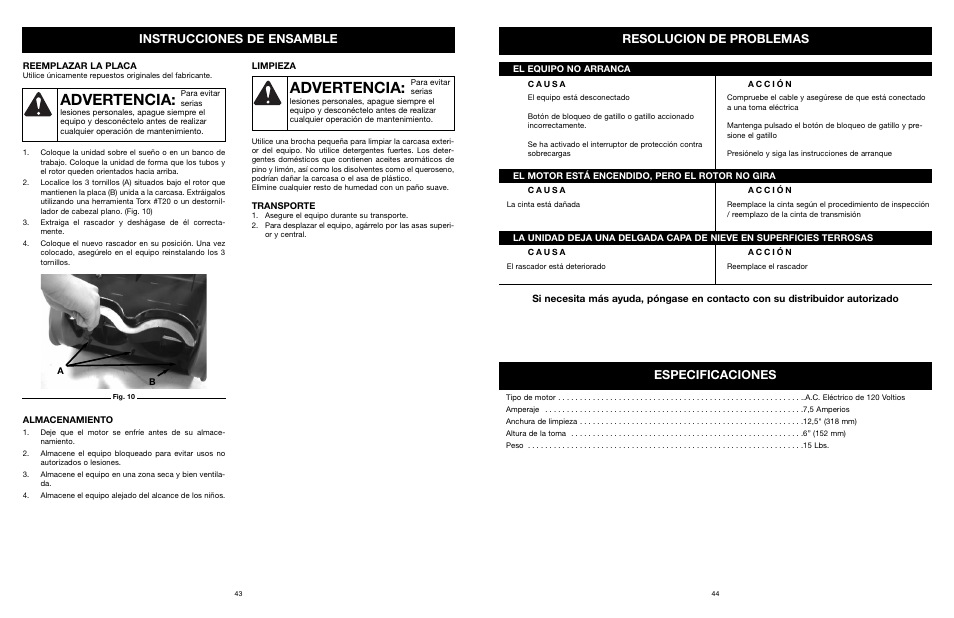 Advertencia, Resolucion de problemas, Especificaciones | Instrucciones de ensamble | MTD 31A-020-900 User Manual | Page 44 / 50