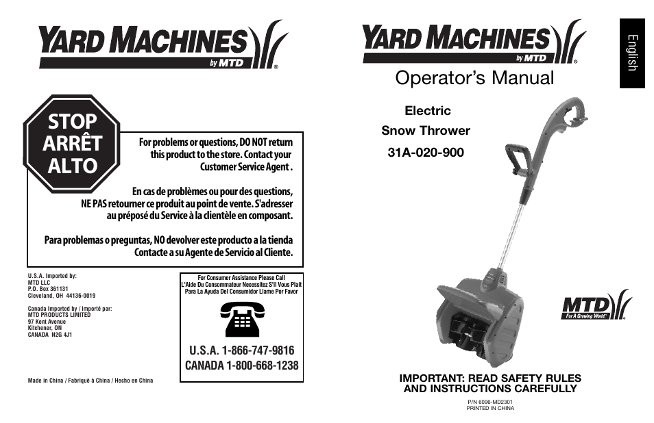 Stop arrêt alto, Operator’s manual, English | MTD 31A-020-900 User Manual | Page 50 / 50