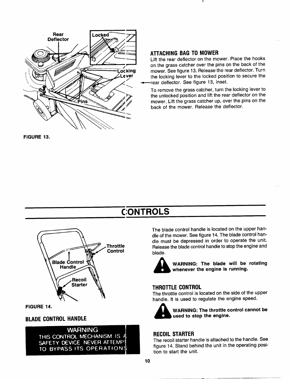 Ahaching bag to mower, C:ontrols, Blade control handle | Warning, Throttle control, Recoil starter, Controls | MTD 110-518R000 User Manual | Page 10 / 20