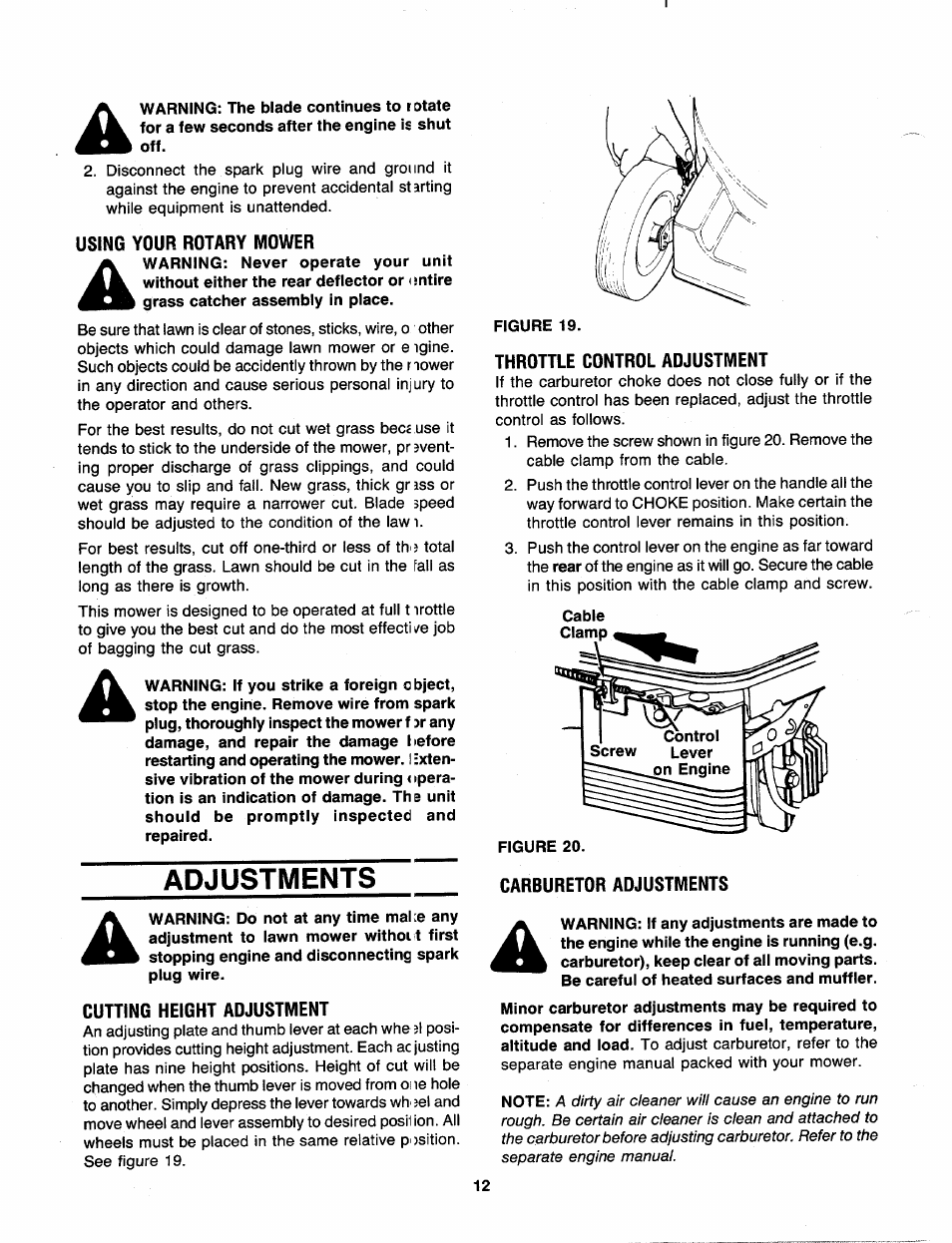 Using your rotary mower, Adjustments, Cutting height adjustment | Figure 19, Throttle control adjustment, Figure 20, Carburetor adjustments | MTD 110-518R000 User Manual | Page 12 / 20