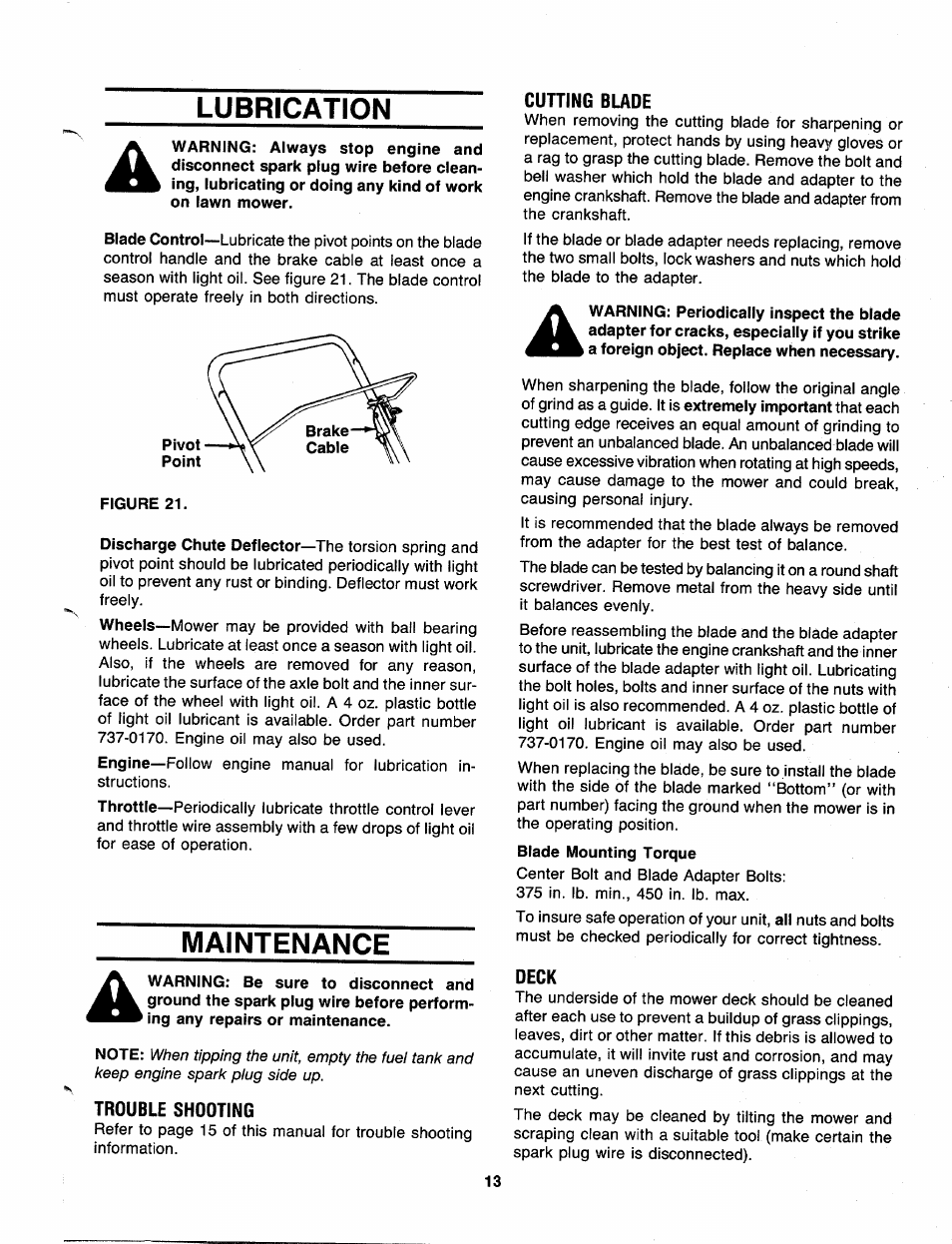 Lubrication, Figure 21, Maintenance | Trouble shooting, Cutting blade, Deck, Lubrication maintenance | MTD 110-518R000 User Manual | Page 13 / 20