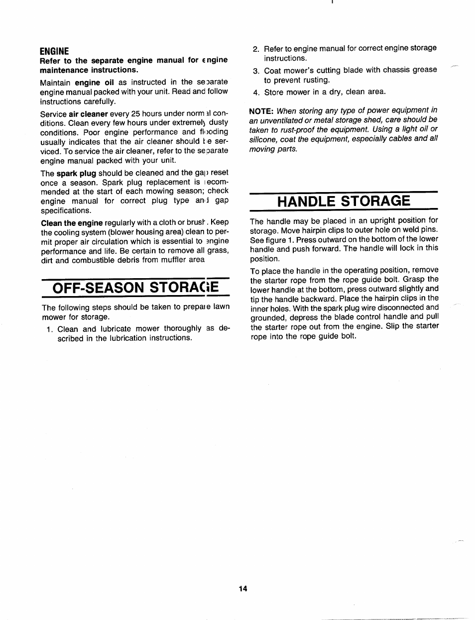 Engine, Off-season storacie, Handle storage | Off-season storage | MTD 110-518R000 User Manual | Page 14 / 20