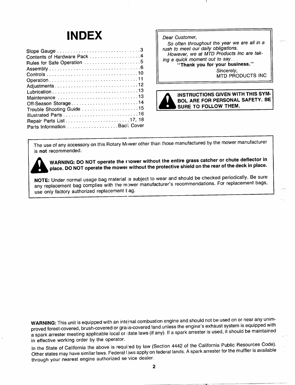 Index | MTD 110-518R000 User Manual | Page 2 / 20