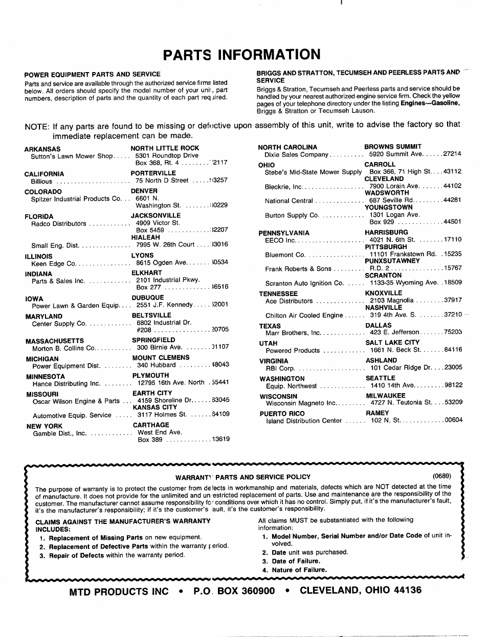 Parts information | MTD 110-518R000 User Manual | Page 20 / 20