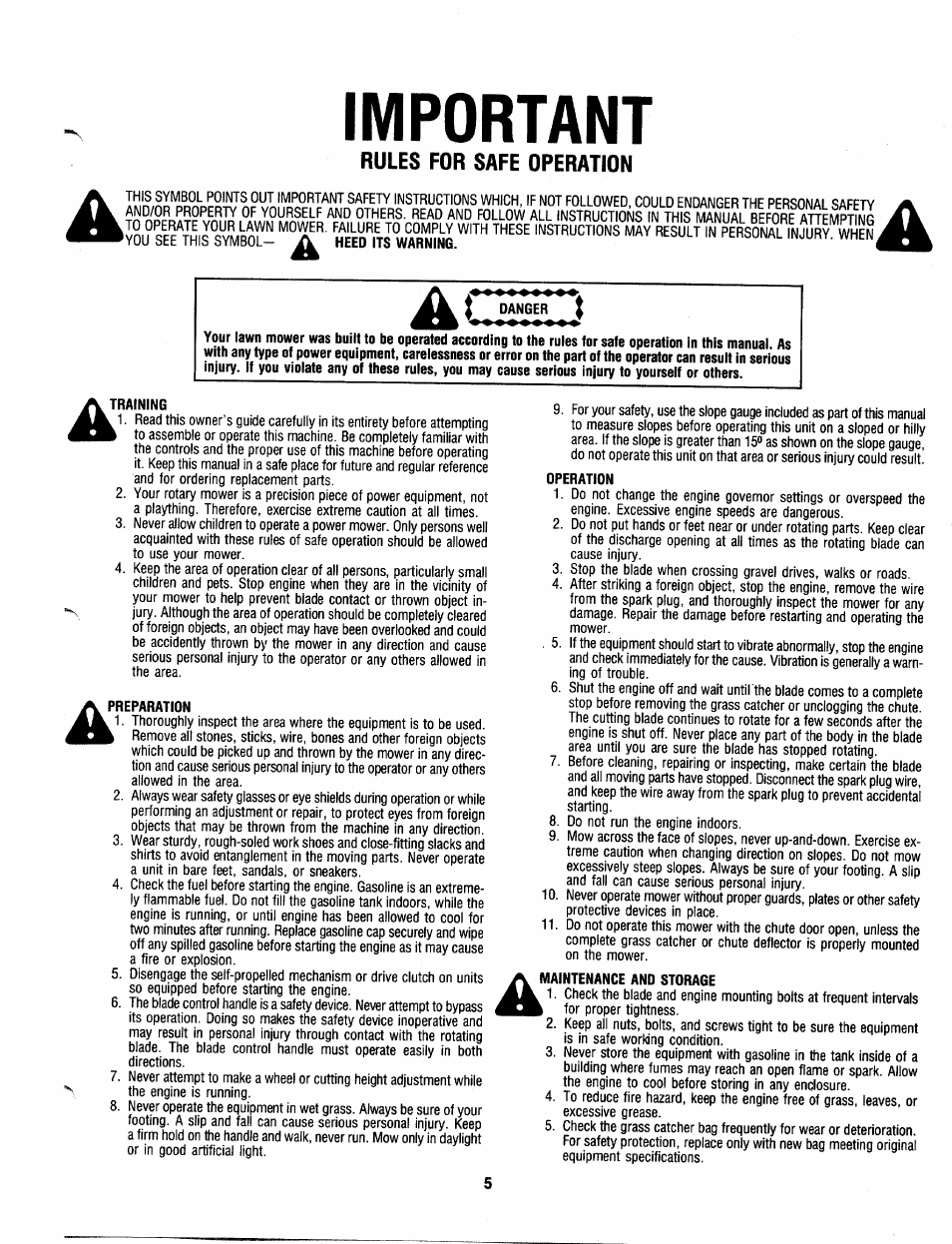 Danger, Training, Preparation | Operation, Maintenance and storage, Important, Rules for safe operation | MTD 110-518R000 User Manual | Page 5 / 20