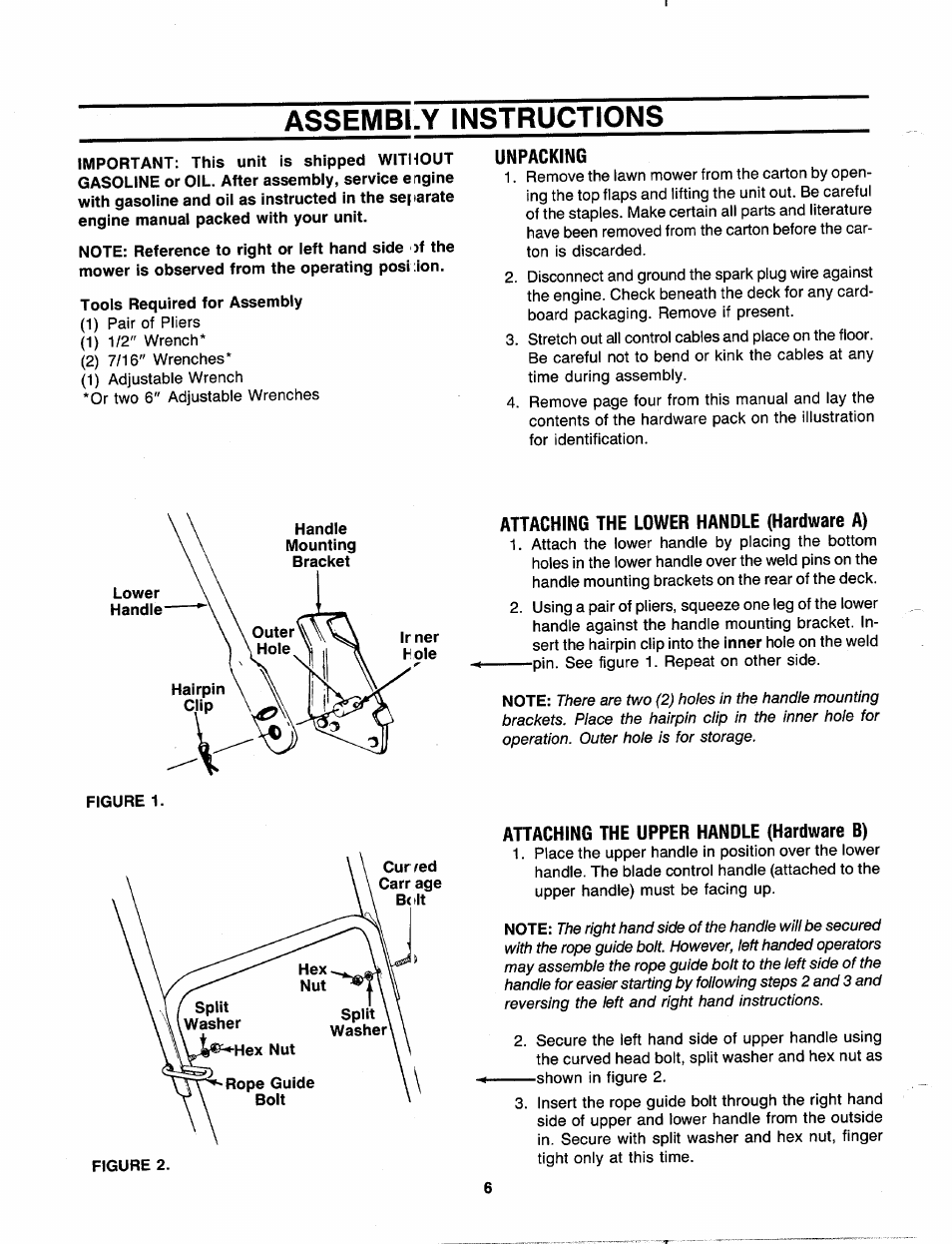 Assembly instructions, Tools required for assembly, Unpacking | Attaching the lower handle (hardware a), Attaching the upper handle (hardware b) | MTD 110-518R000 User Manual | Page 6 / 20