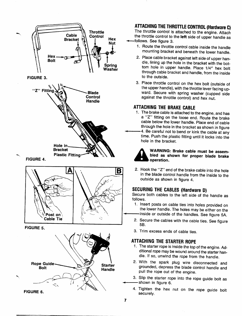 Ahaching the throhle control (hardware c), Attaching the brake cable, Securing the cables (hardware d) | Attaching the starter rope | MTD 110-518R000 User Manual | Page 7 / 20