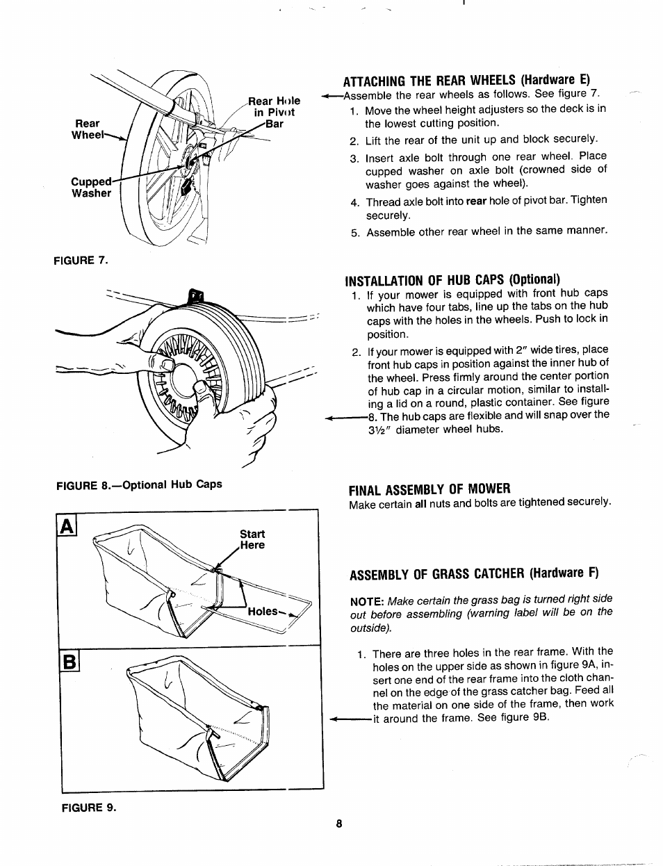 Attaching the rear wheels (hardware e), Installation of hub caps (optional), Final assembly of mower | Assembly of grass catcher (hardware f) | MTD 110-518R000 User Manual | Page 8 / 20