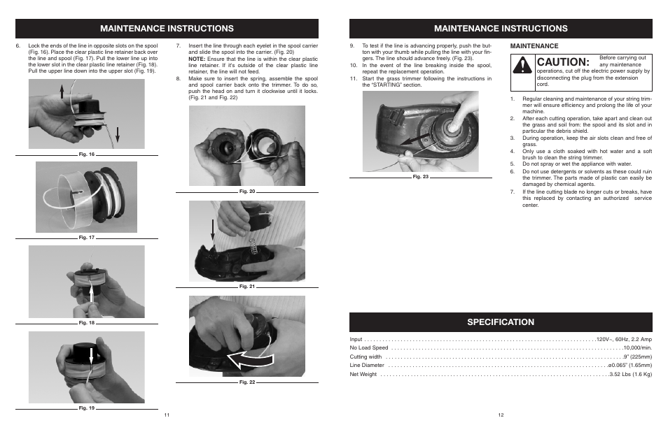 Caution, Maintenance instructions, Specification | MTD 25P User Manual | Page 13 / 50