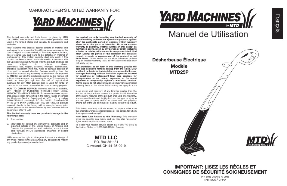 Manuel de utilisation, Français, Mtd llc | Manufacturer’s limited warranty for | MTD 25P User Manual | Page 17 / 50
