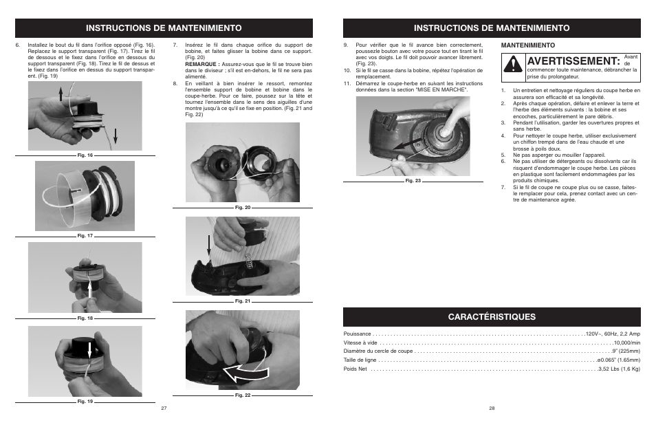 Avertissement, Instructions de mantenimiento, Caractéristiques | MTD 25P User Manual | Page 28 / 50