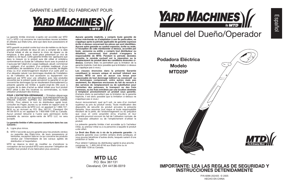 Manuel del dueño/operador, Español, Mtd llc | Garantie limitée du fabricant pour | MTD 25P User Manual | Page 32 / 50