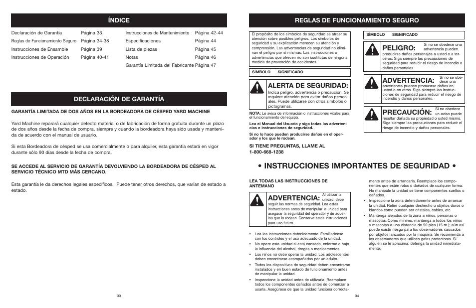 Instrucciones importantes de seguridad, Peligro, Advertencia | Precaución, Alerta de seguridad, Índice | MTD 25P User Manual | Page 35 / 50