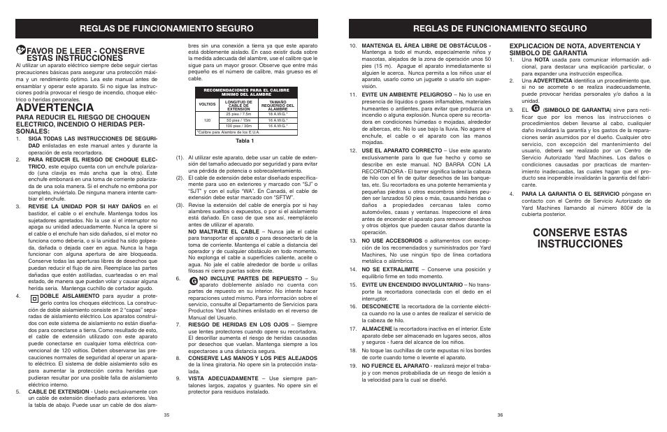 Advertencia, Conserve estas instrucciones, Reglas de funcionamiento seguro | Favor de leer - conserve estas instrucciones | MTD 25P User Manual | Page 37 / 50