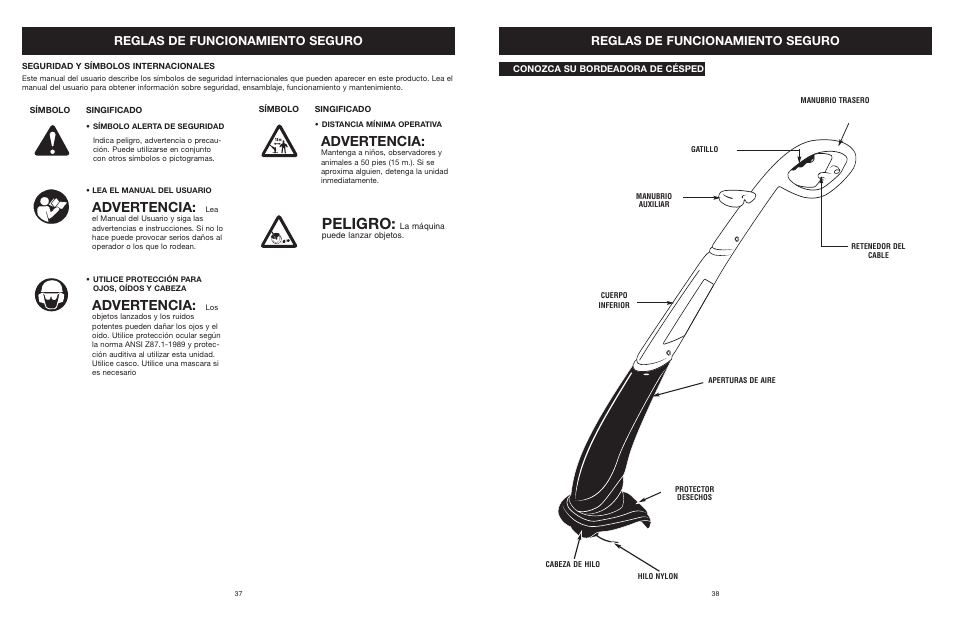 Peligro, Advertencia, Reglas de funcionamiento seguro | MTD 25P User Manual | Page 38 / 50