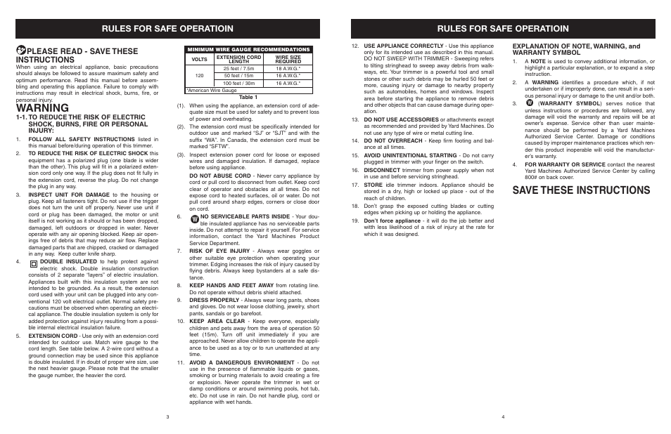 Warning, Save these instructions, Rules for safe operatioin | Please read - save these instructions | MTD 25P User Manual | Page 4 / 50