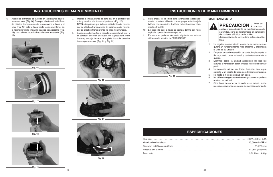 Precaucion, Instrucciones de maintenimiento, Especificaciones | MTD 25P User Manual | Page 44 / 50
