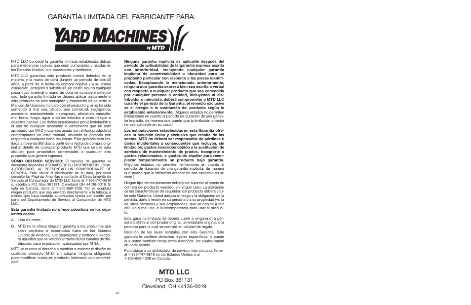 Garantía limitada del fabricante para, Mtd llc | MTD 25P User Manual | Page 49 / 50