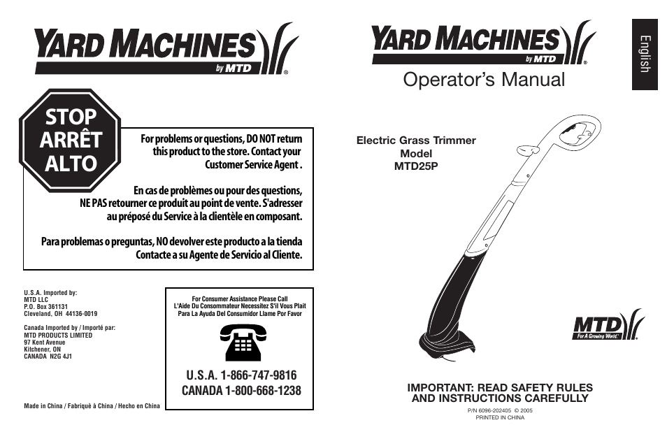 Stop arrêt alto, Operator’s manual, English | MTD 25P User Manual | Page 50 / 50