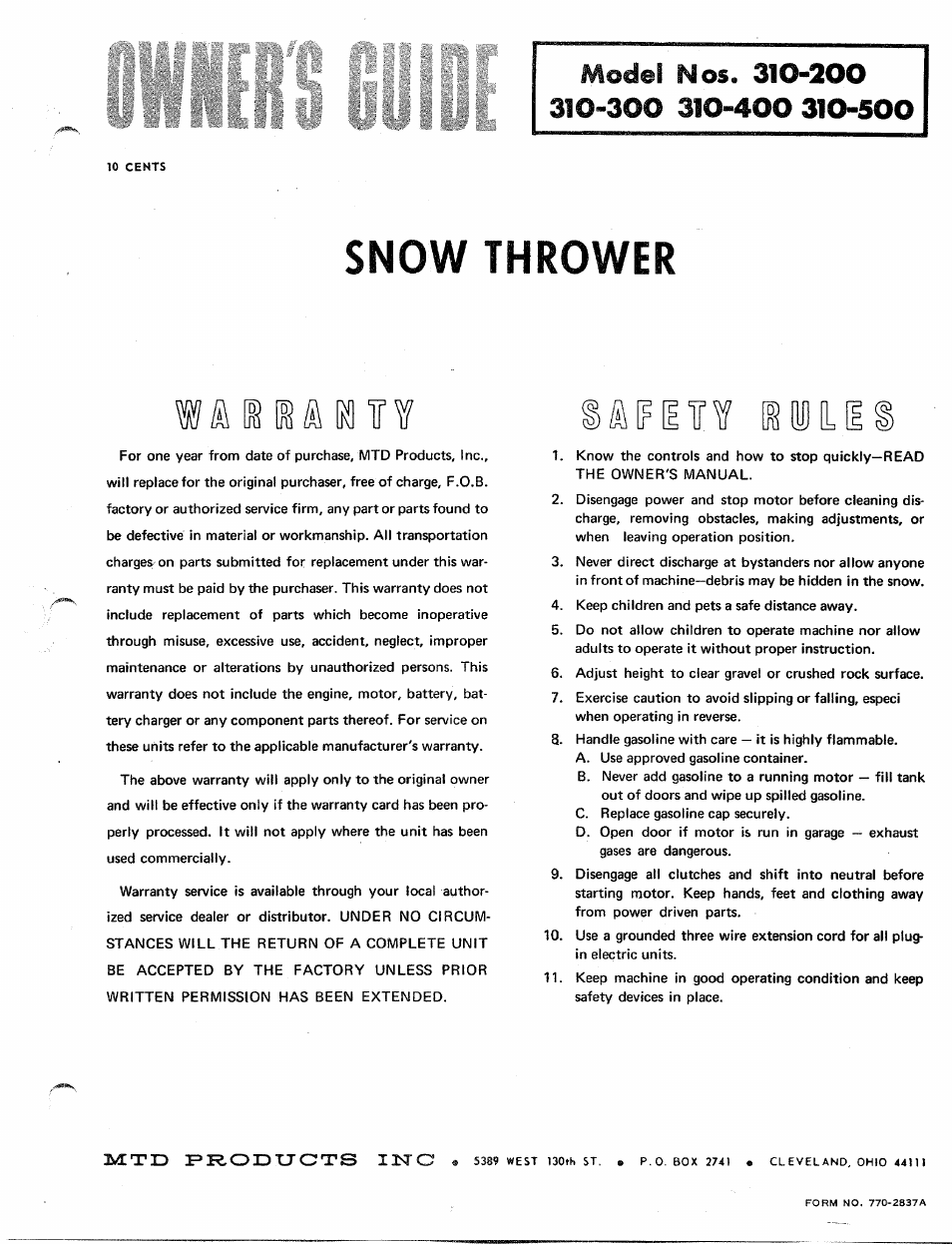 MTD 310-300 User Manual | 4 pages
