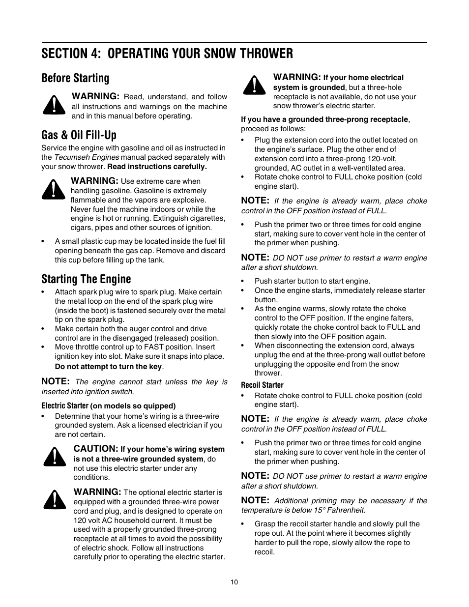Section 4: operating your snow thrower, Before starting, Gas & oil fill-up | Starting the engine | MTD 737-0168 User Manual | Page 10 / 28