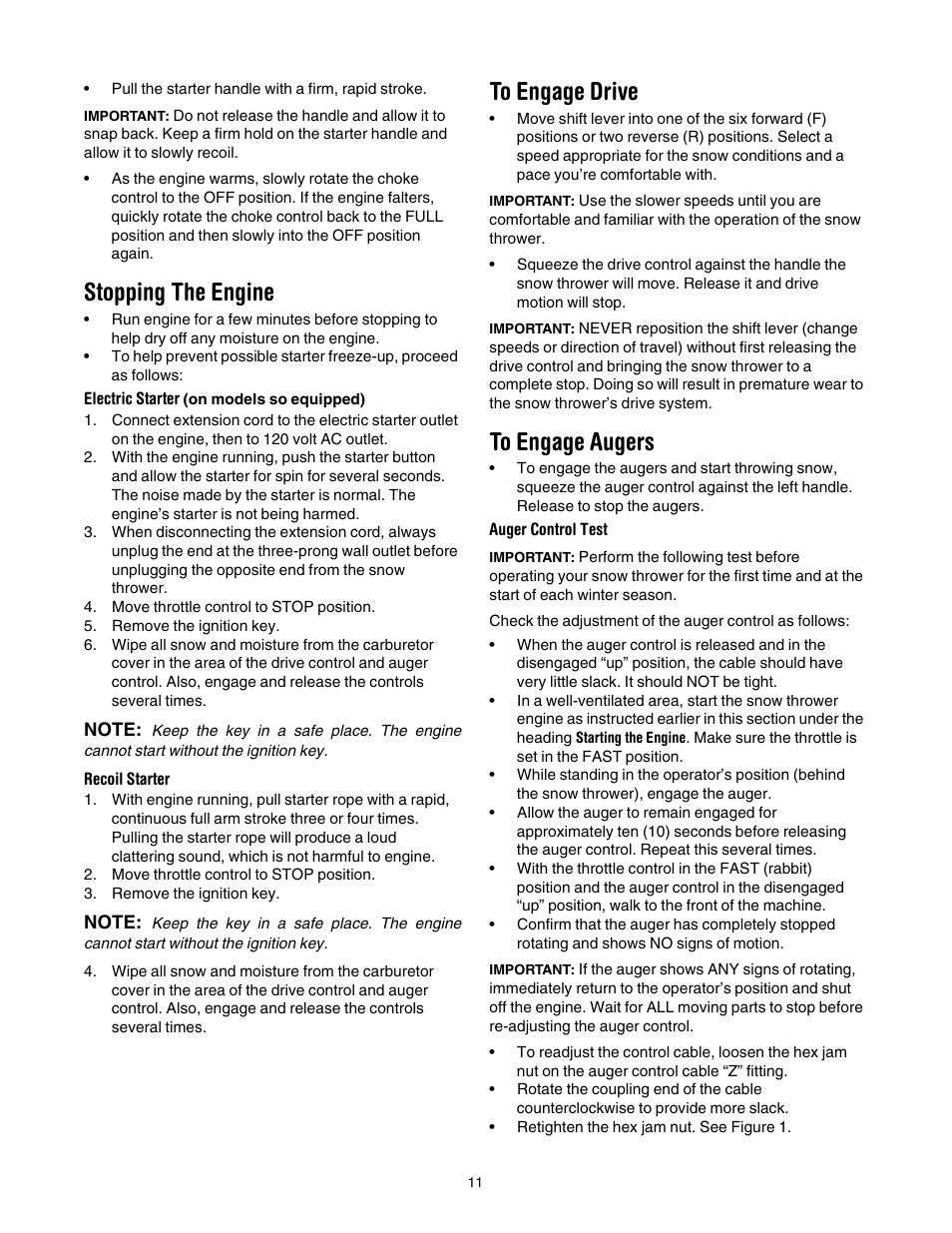 Stopping the engine, To engage drive, To engage augers | MTD 737-0168 User Manual | Page 11 / 28