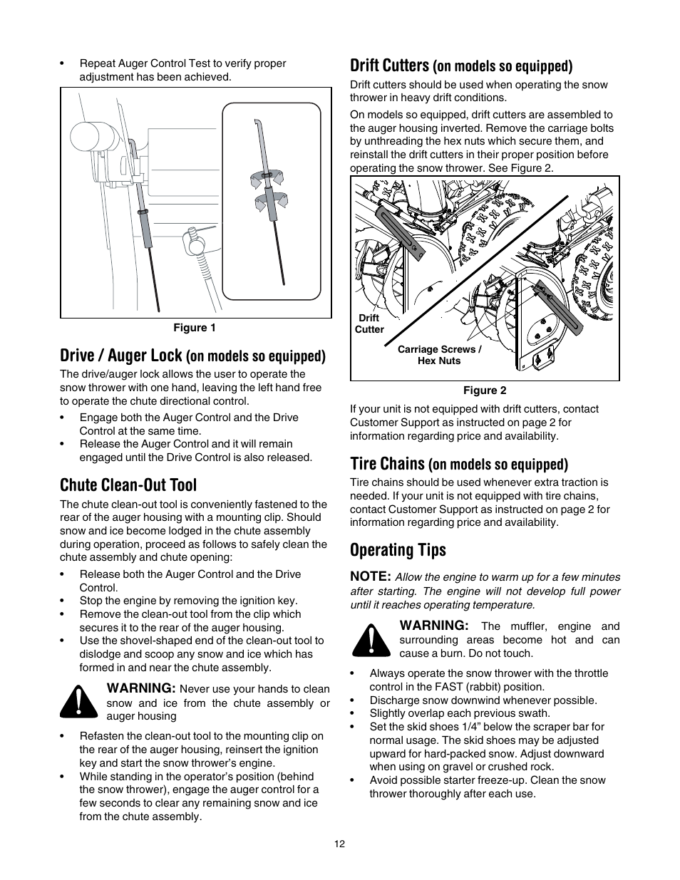 Drive / auger lock (on models so equipped), Chute clean-out tool, Drift cutters (on models so equipped) | Tire chains (on models so equipped), Operating tips, Drive / auger lock, Drift cutters, Tire chains, On models so equipped) | MTD 737-0168 User Manual | Page 12 / 28