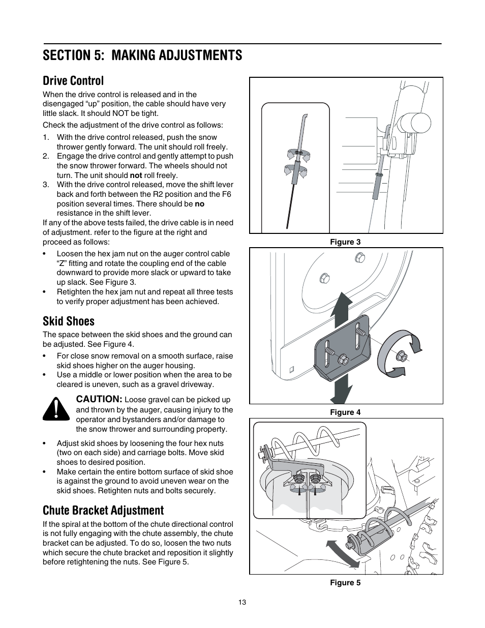 Section 5: making adjustments, Drive control, Skid shoes | Chute bracket adjustment | MTD 737-0168 User Manual | Page 13 / 28