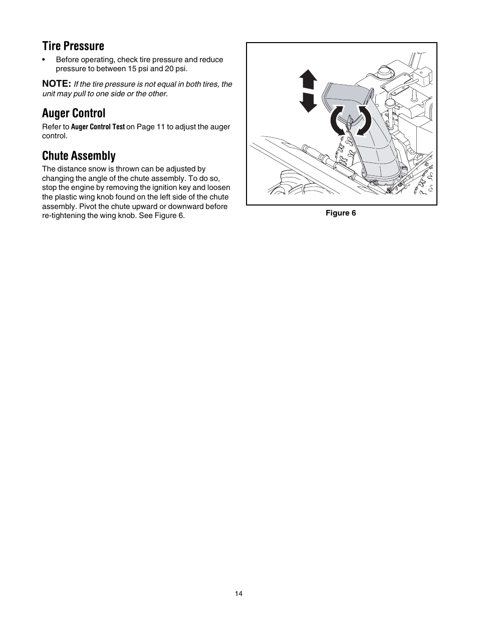 Tire pressure, Auger control, Chute assembly | MTD 737-0168 User Manual | Page 14 / 28