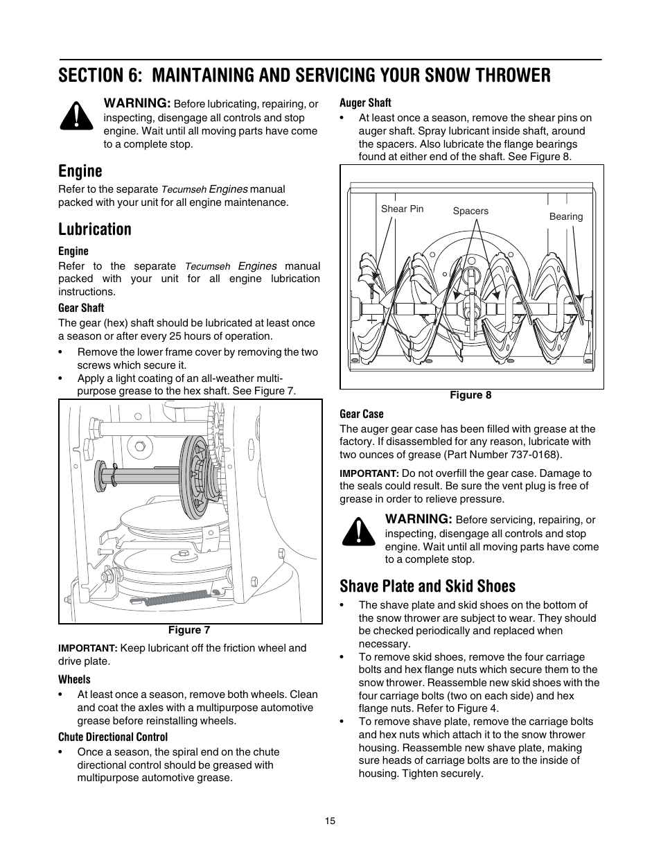 Engine, Lubrication, Shave plate and skid shoes | MTD 737-0168 User Manual | Page 15 / 28