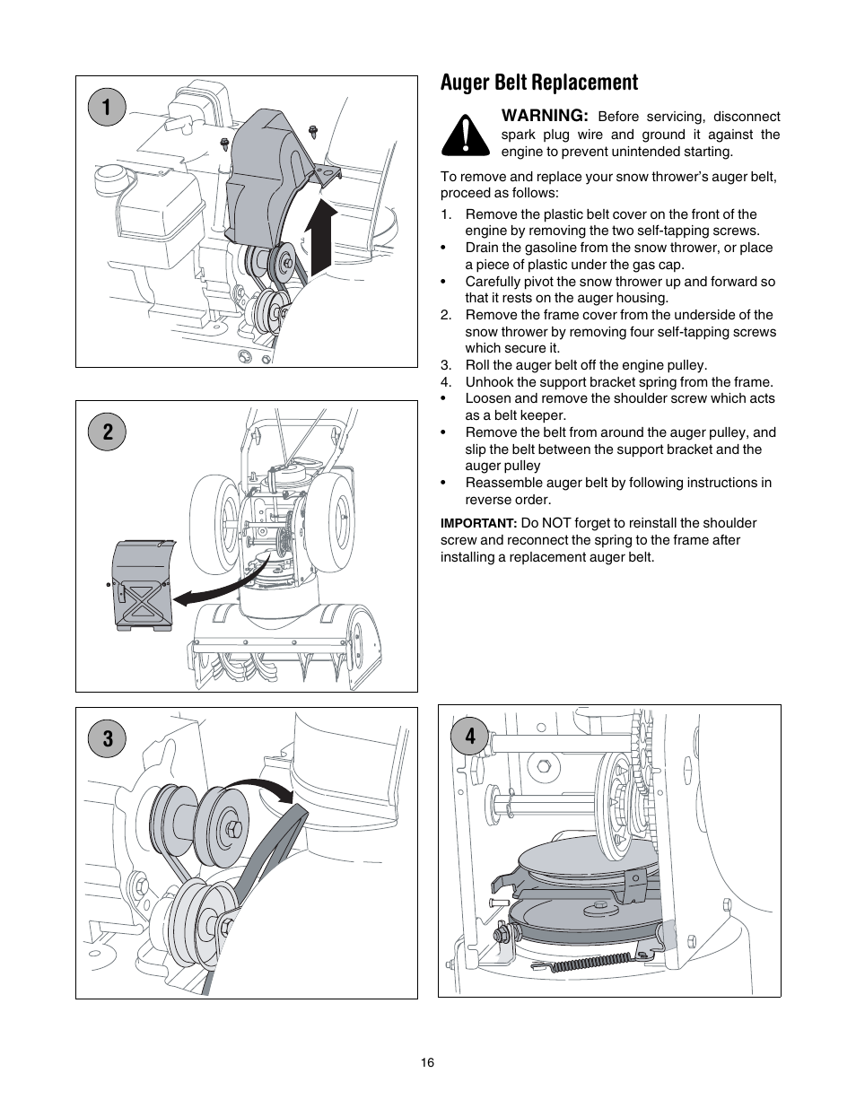 Auger belt replacement | MTD 737-0168 User Manual | Page 16 / 28