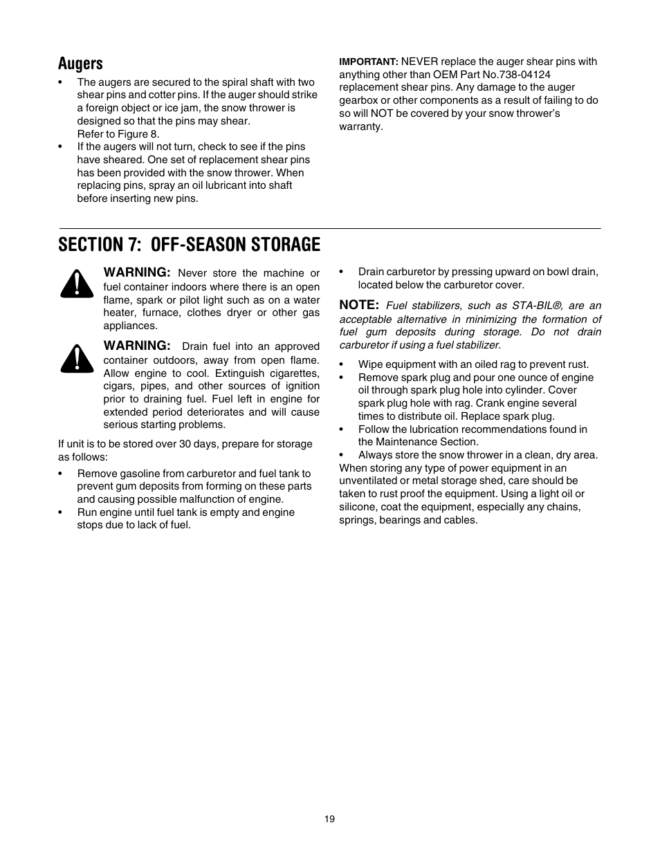 Augers, Section 7: off-season storage | MTD 737-0168 User Manual | Page 19 / 28
