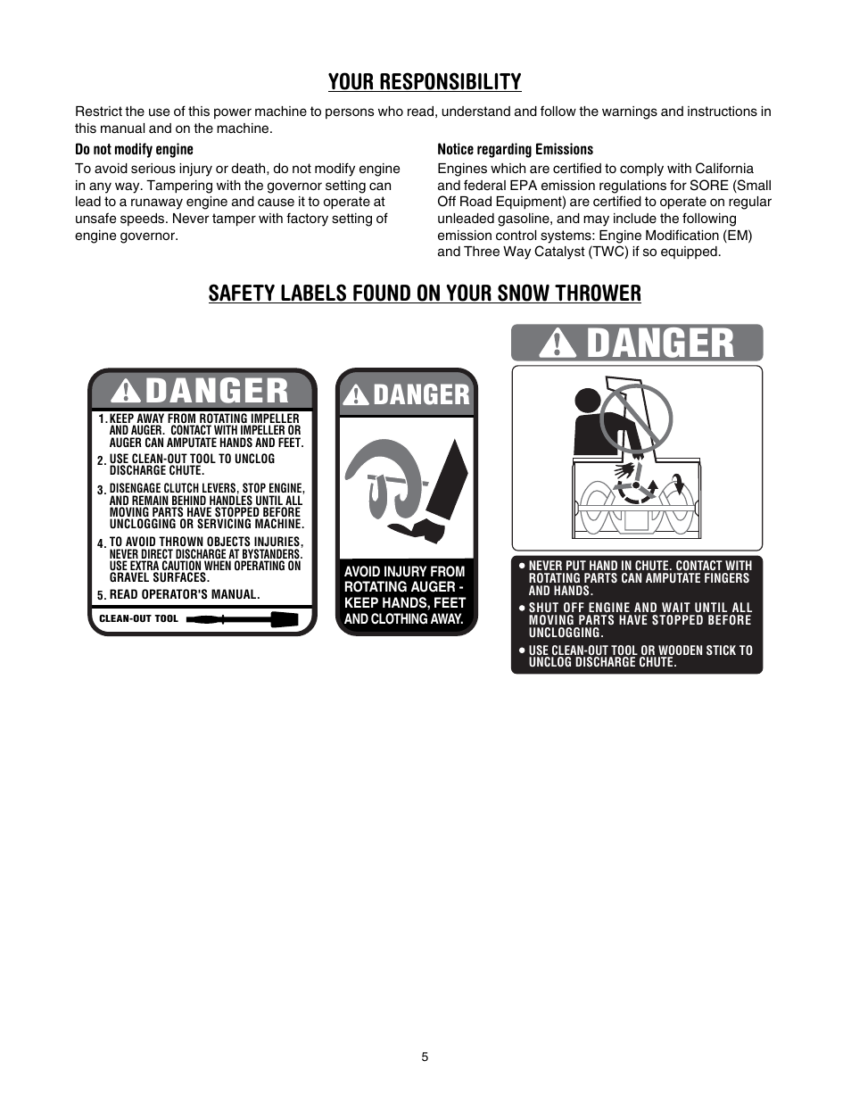 Danger, Your responsibility, Safety labels found on your snow thrower | MTD 737-0168 User Manual | Page 5 / 28