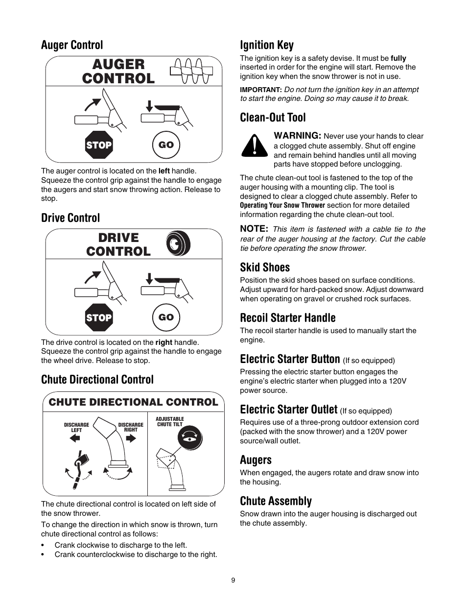 Auger control, Drive control, Chute directional control | Ignition key, Clean-out tool, Skid shoes, Recoil starter handle, Electric starter button (if so equipped), Electric starter outlet (if so equipped), Augers | MTD 737-0168 User Manual | Page 9 / 28