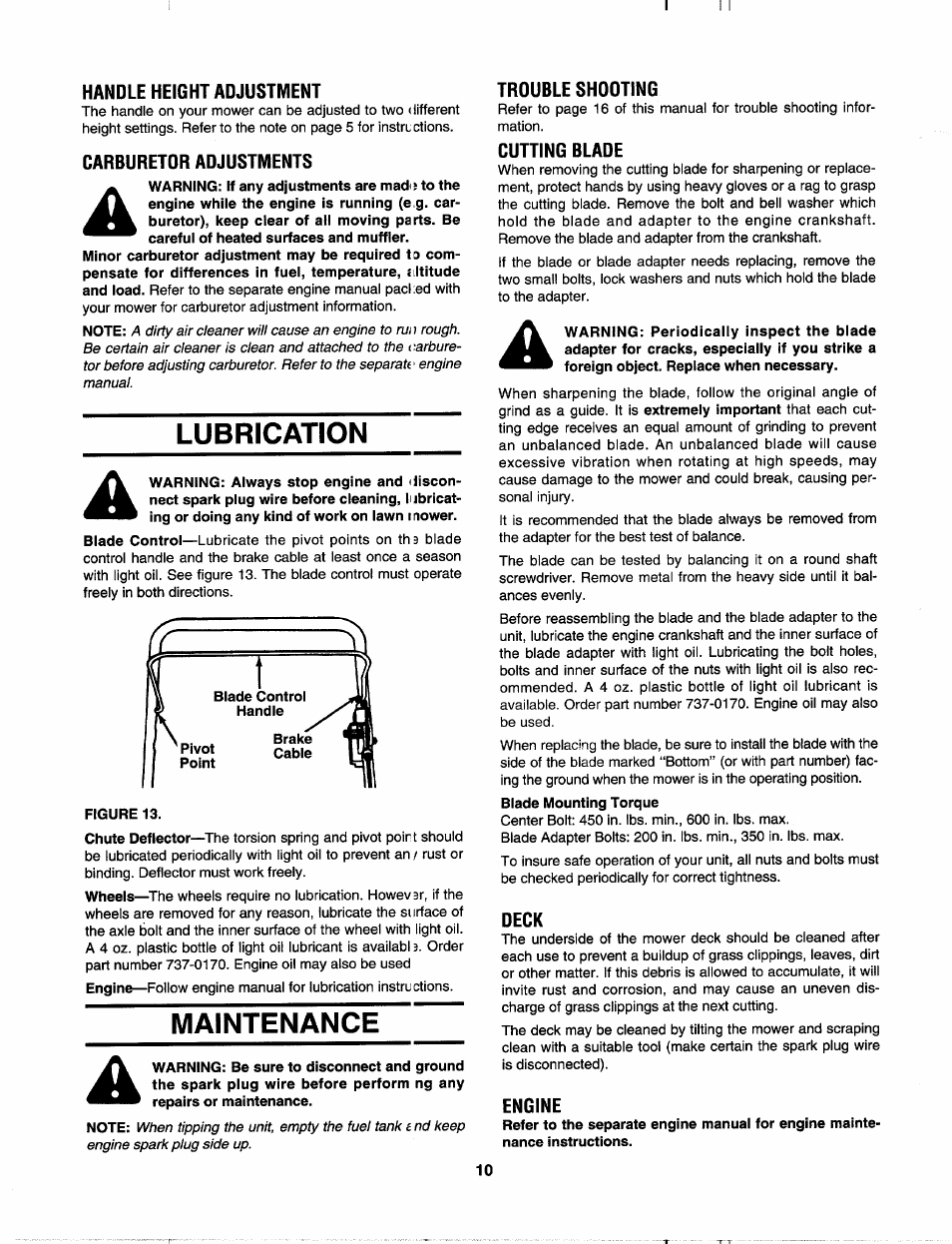 Handle height adjustment, Carburetor adjustments, Lubrication | Maintenance, Trouble shooting, Cutting blade, Deck, Engine | MTD 113-060A000 THRU 113-062D000 User Manual | Page 10 / 16