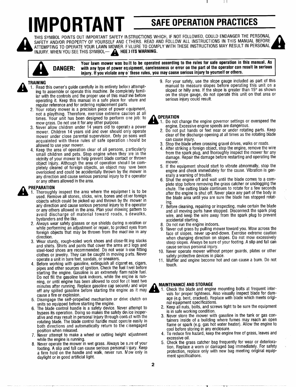 Safe operation practices, Training, Preparation | Operation, Maintenance and storage, Important | MTD 113-060A000 THRU 113-062D000 User Manual | Page 2 / 16