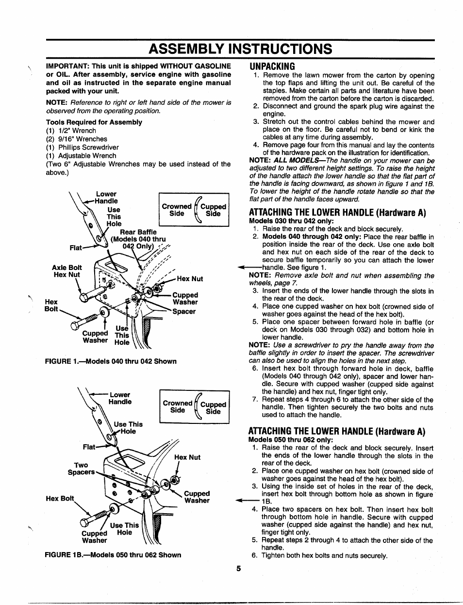 Assembly instructions, Unpacking, Attaching the lower handle (hardware a) | Ahaching the lower handle (hardware a) | MTD 113-060A000 THRU 113-062D000 User Manual | Page 5 / 16