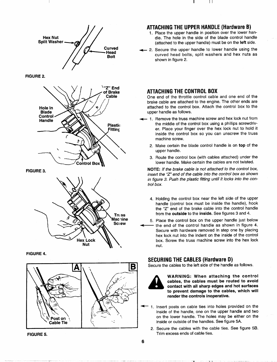 Attaching the upper handle (hardware b), Attaching the control box, Securing the cables (hardware 0) | MTD 113-060A000 THRU 113-062D000 User Manual | Page 6 / 16