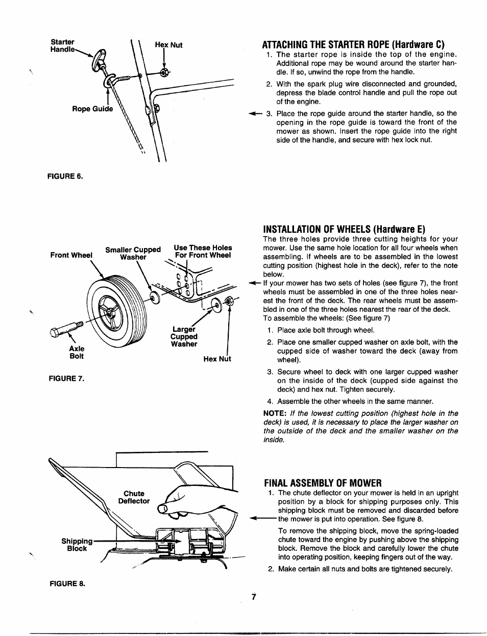 Attaching the starter rope (hardware c), Installation of wheels (hardware e), Final assembly of mower | MTD 113-060A000 THRU 113-062D000 User Manual | Page 7 / 16