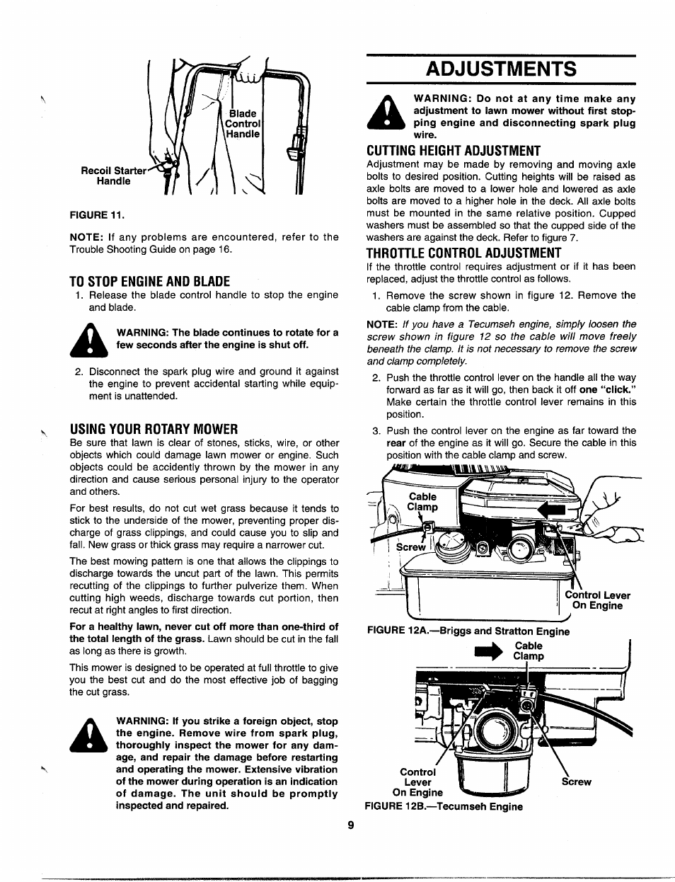 Adjustments, To stop engine and blade, Using your rotary mower | Cutting height adjustment, Throttle control adjustment | MTD 113-060A000 THRU 113-062D000 User Manual | Page 9 / 16